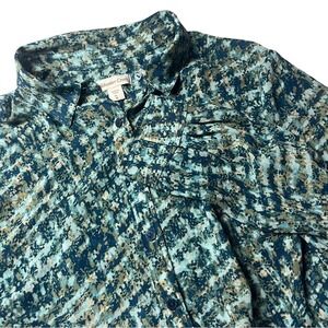 Coldwater Creek XL16 Womens Patterned Teal Turquoise Button Up Shear Thin Blouse
